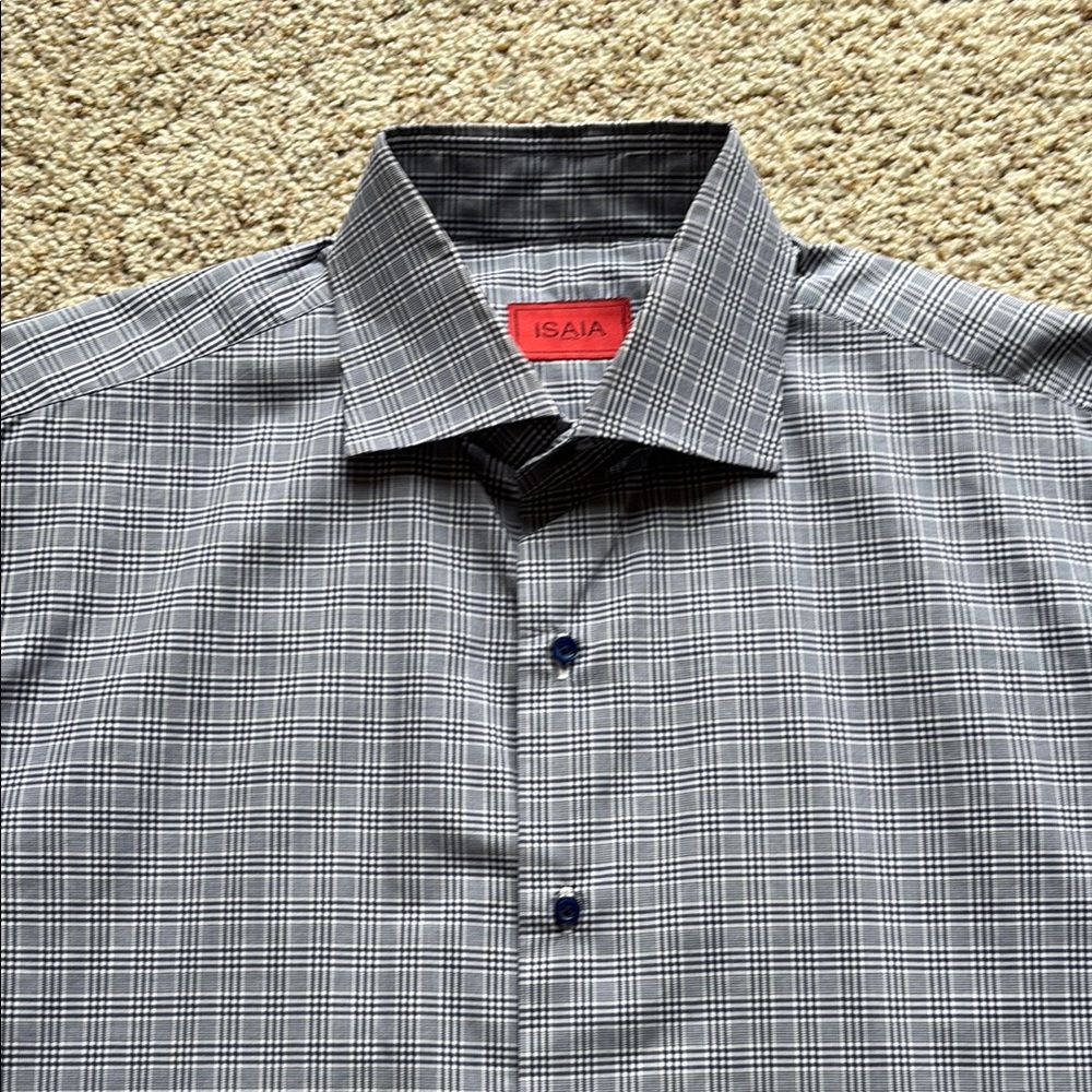 *Recent* Isaia Napoli Men’s Blue Plaid Spread Collar Cotton Dress Shirt 17